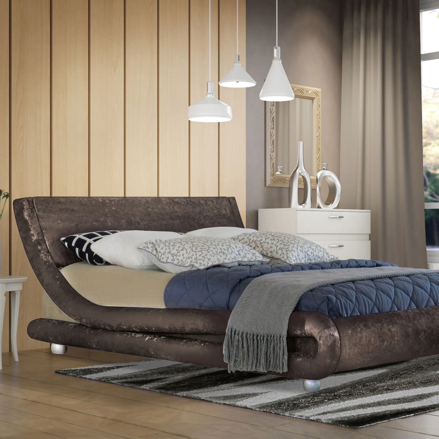 Modern Curved Brown Crushed Velvet Bed Frame - Brown