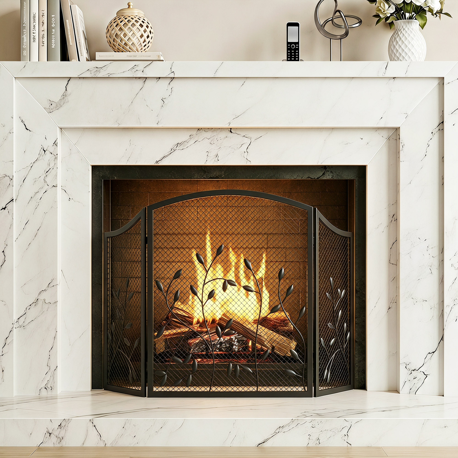 Homcom 3-Panel Folding Fireplace Screen For Protection, Black - Black