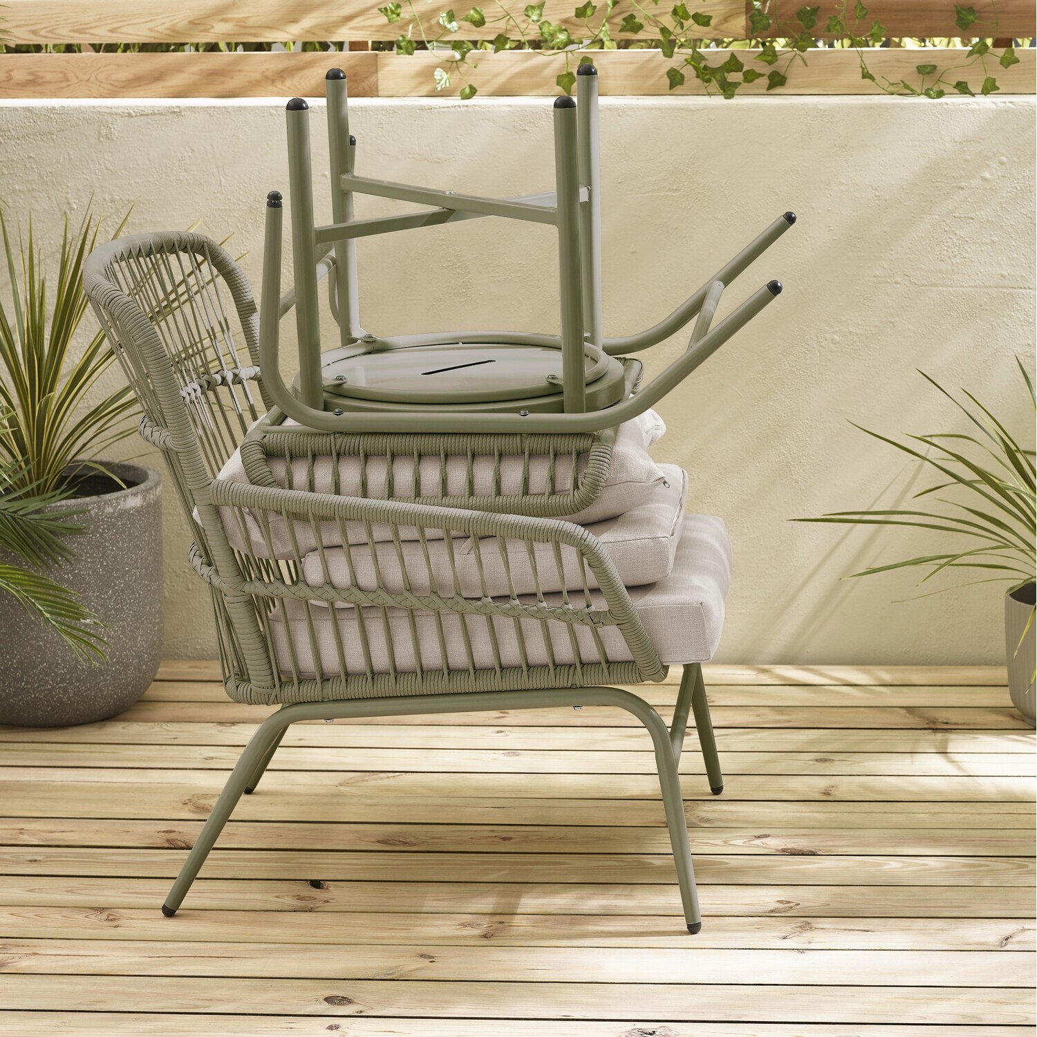 Lyon Outdoor Chair Footstool And Table Set - Metal And Rattan - Green