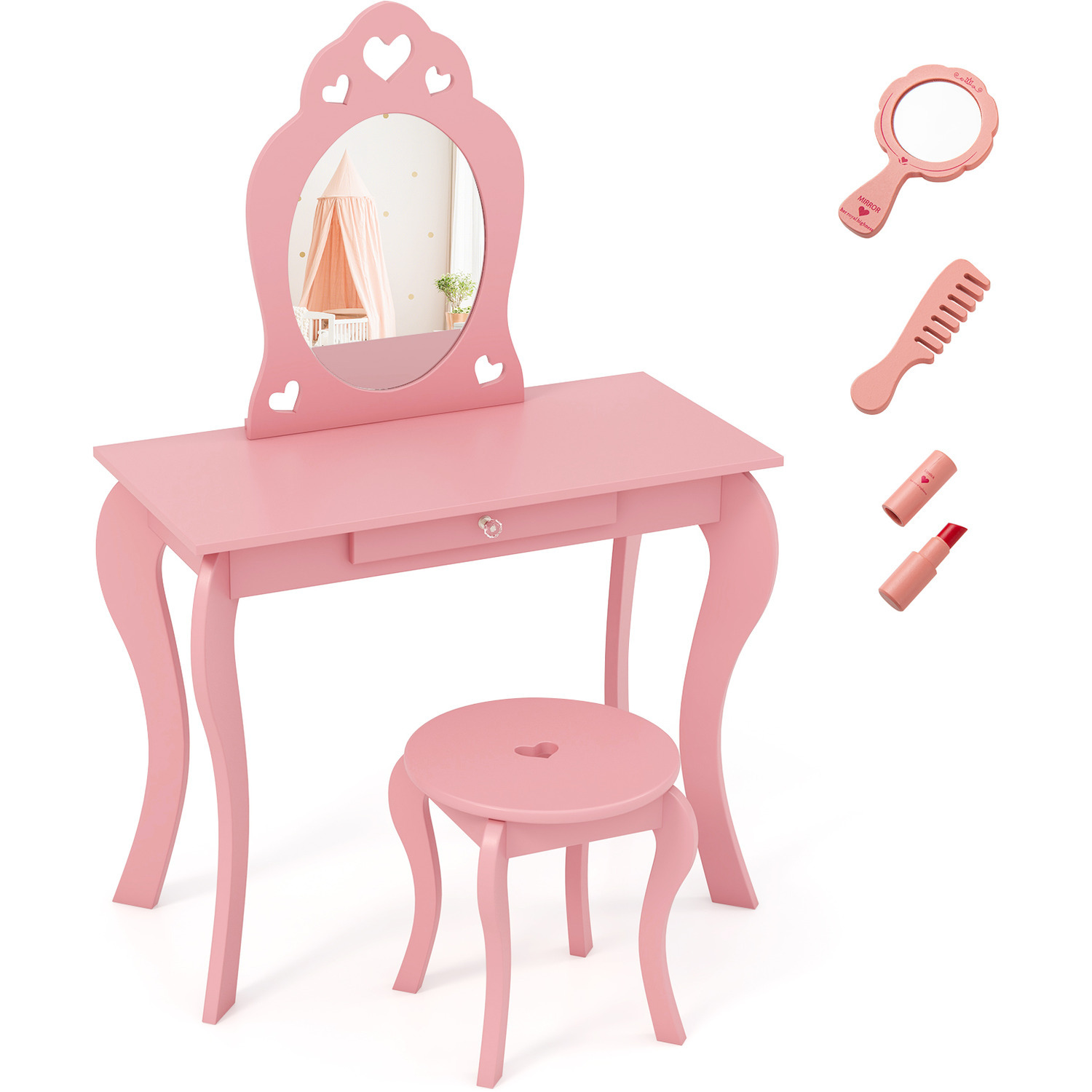 Kids Vanity Table And Stool 2 In 1 Girls Makeup Dressing Table - Pink