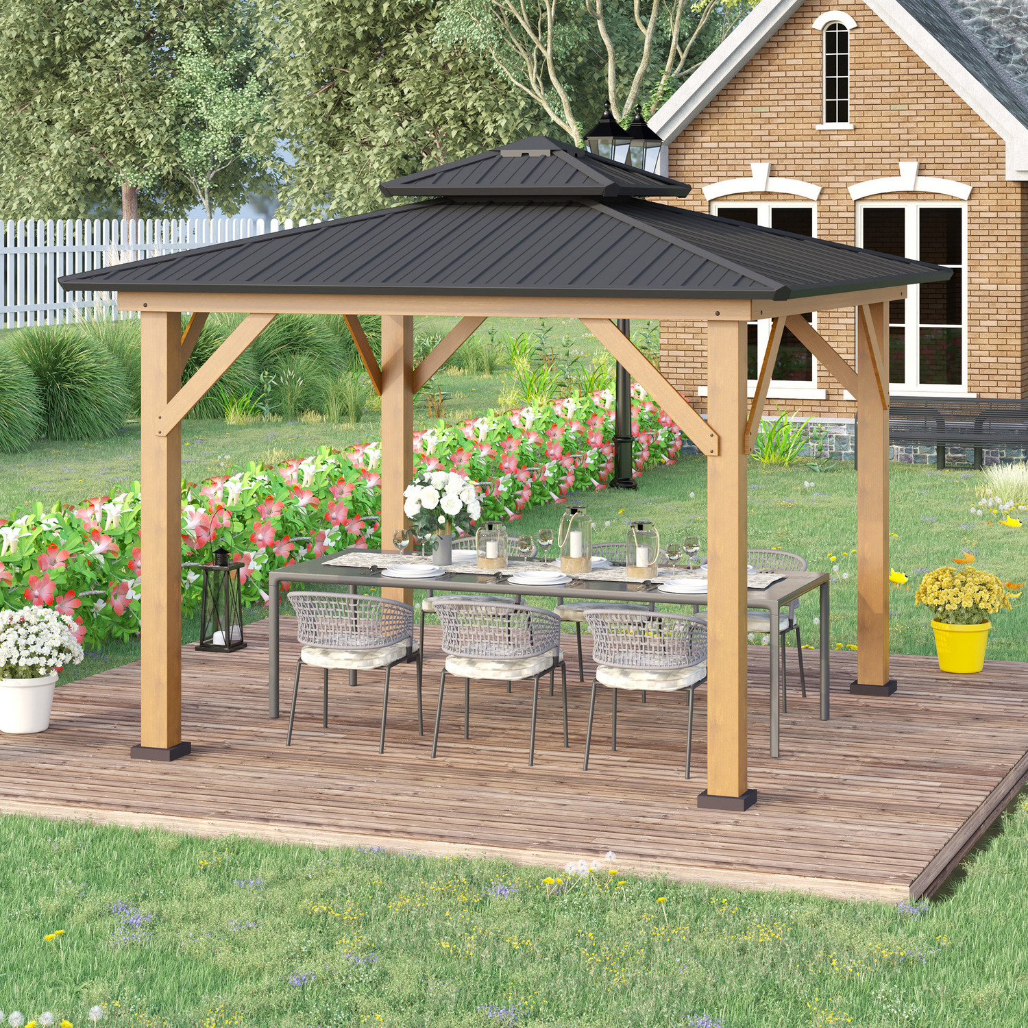 Outsunny 3.5 x 3.5m Outdoor Hardtop Gazebo Canopy with 2-Tier Roof - Black