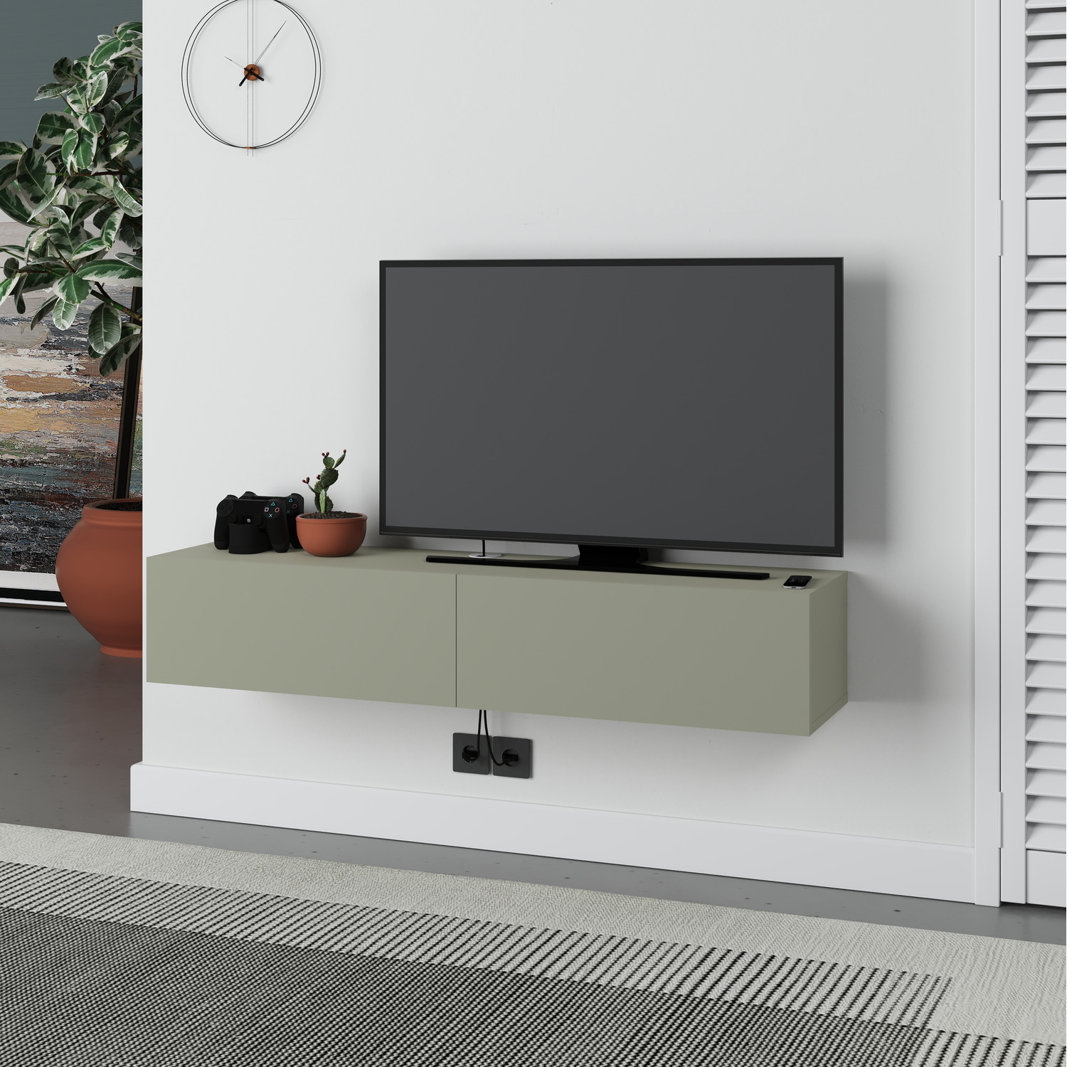 Decortie Francy Modern Tv Unit Wall Mounted 135 - Ash Green / Chipboard