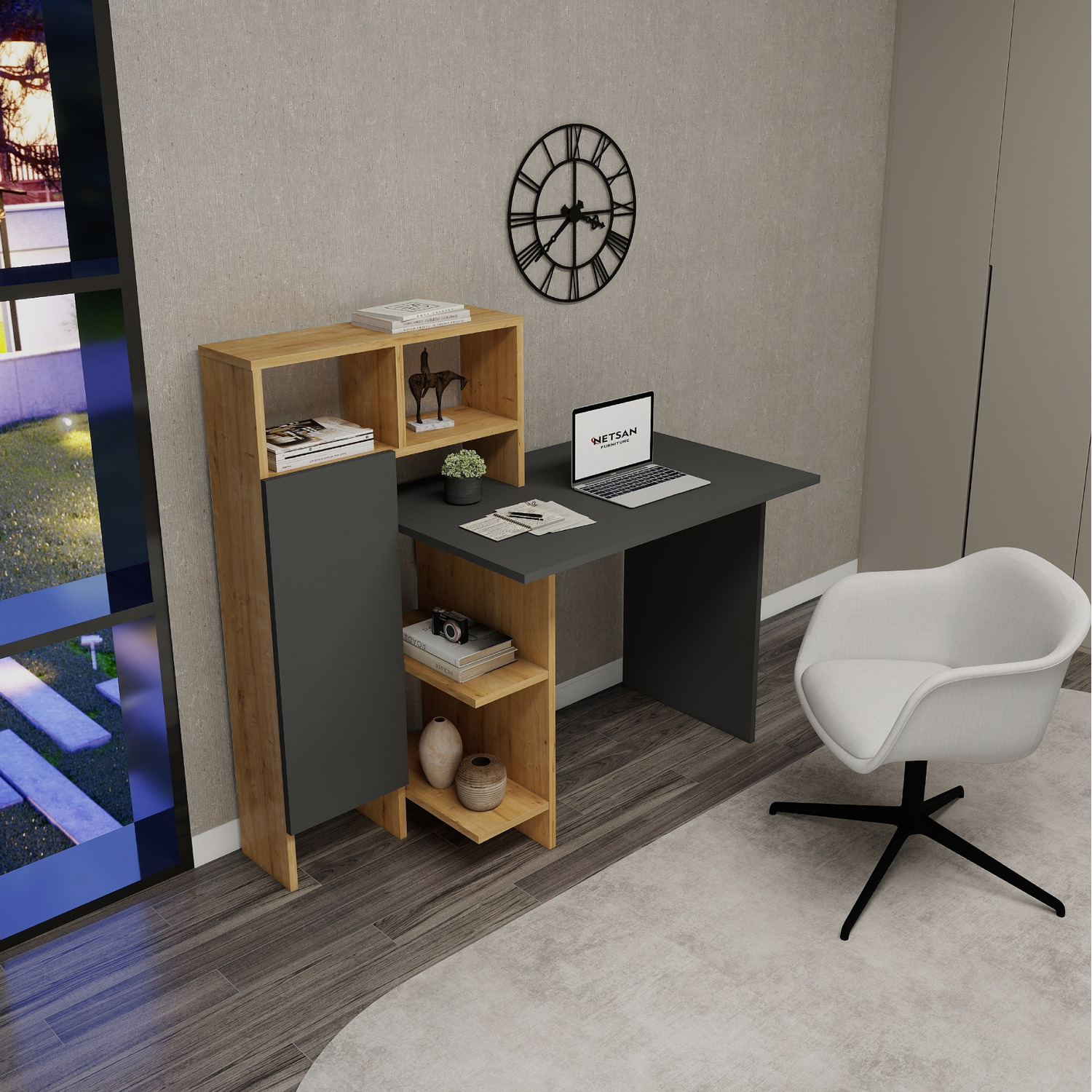 Delmaris Computer Desk with Shelves - Sapphire Oak and Anthracite