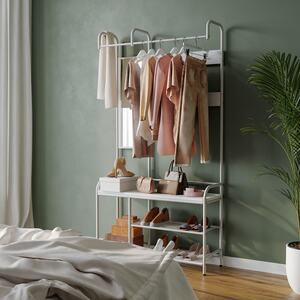 Coat Rack Stand with Shoe Storage and Integrated Mirror - White