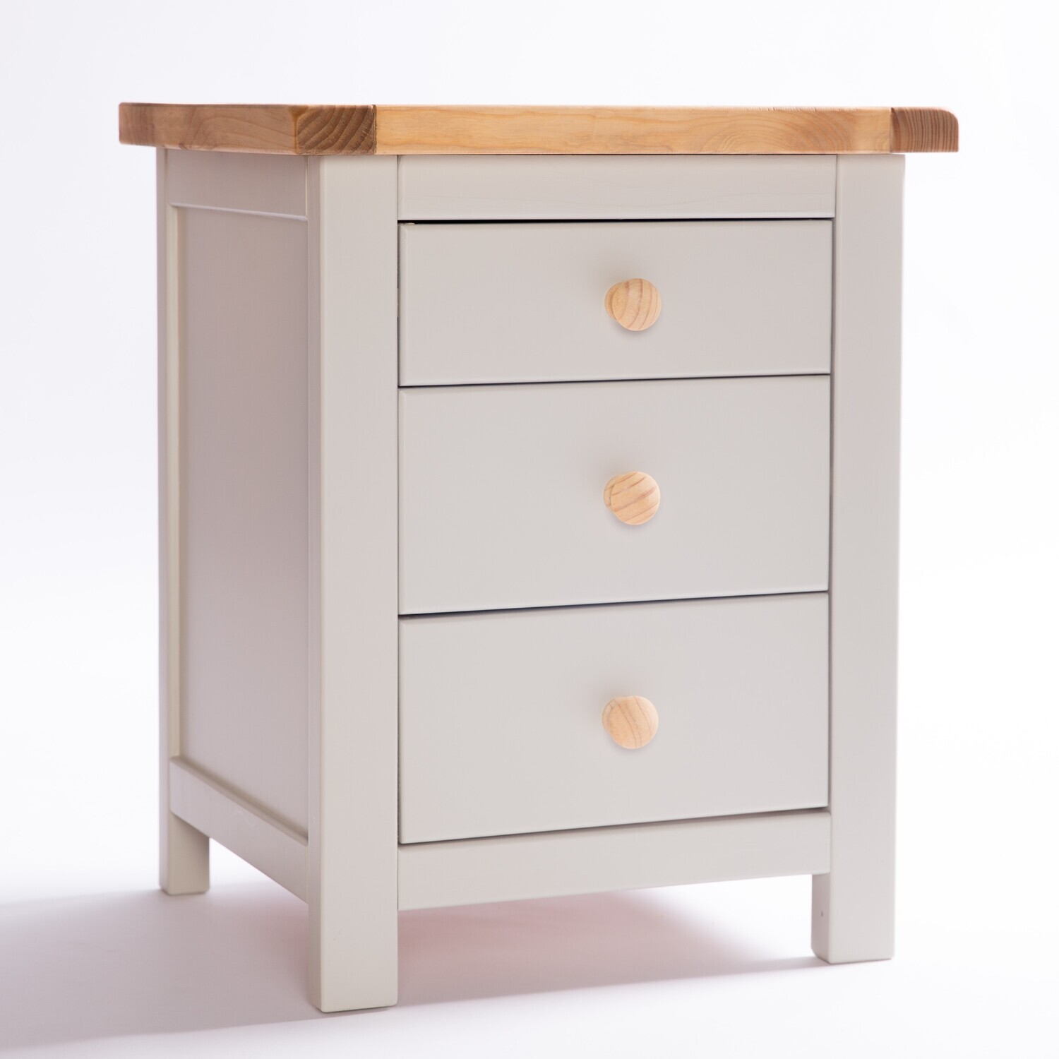 Argenta 3 Drawer Bedside Cabinet - Grey / Wood Knob
