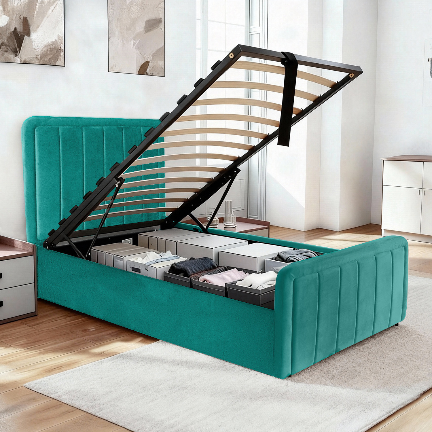 Brushed Velvet Ottoman Bed Frame - Green Single