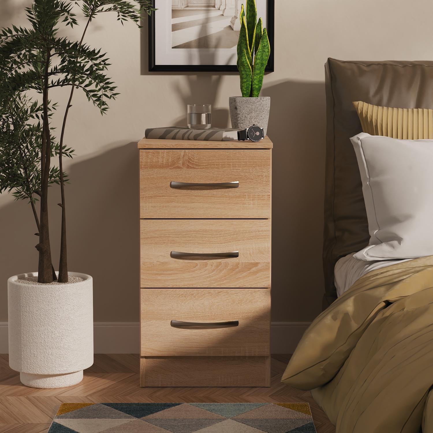 Elmley Ready Assembled 3 Drawer Bedside Cabinet - Bardolino Oak