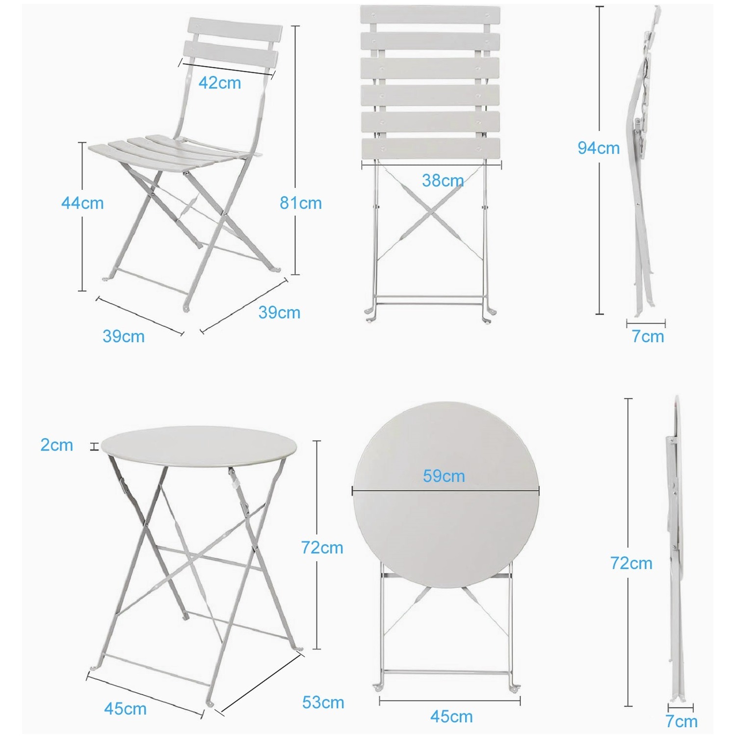 Plain 3 Pcs Garden Folding Chairs Table Bistro Furniture Set - Grey Plain