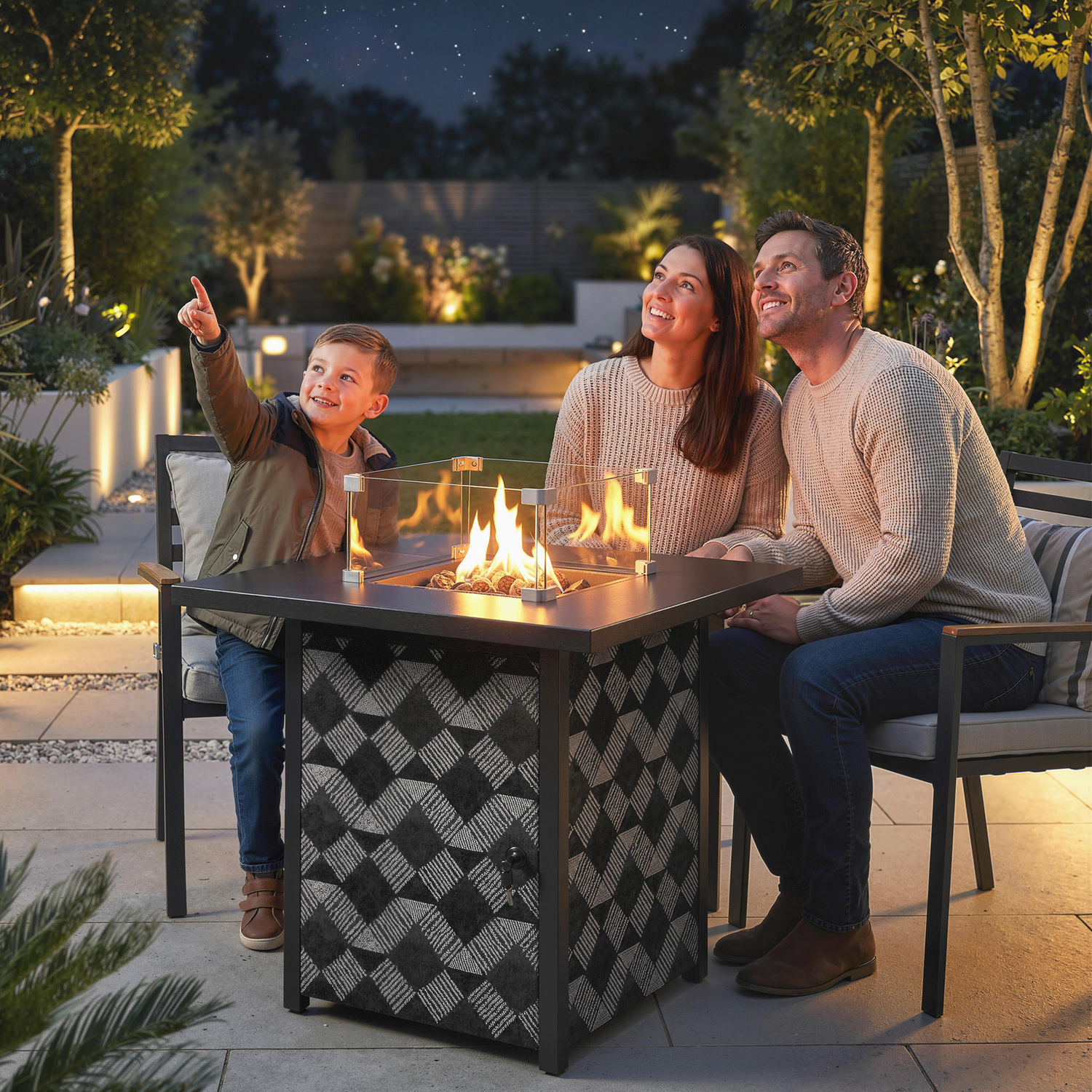 Outsunny Square Propane Gas Fire Pit Table with Glass Wind Guard - Black