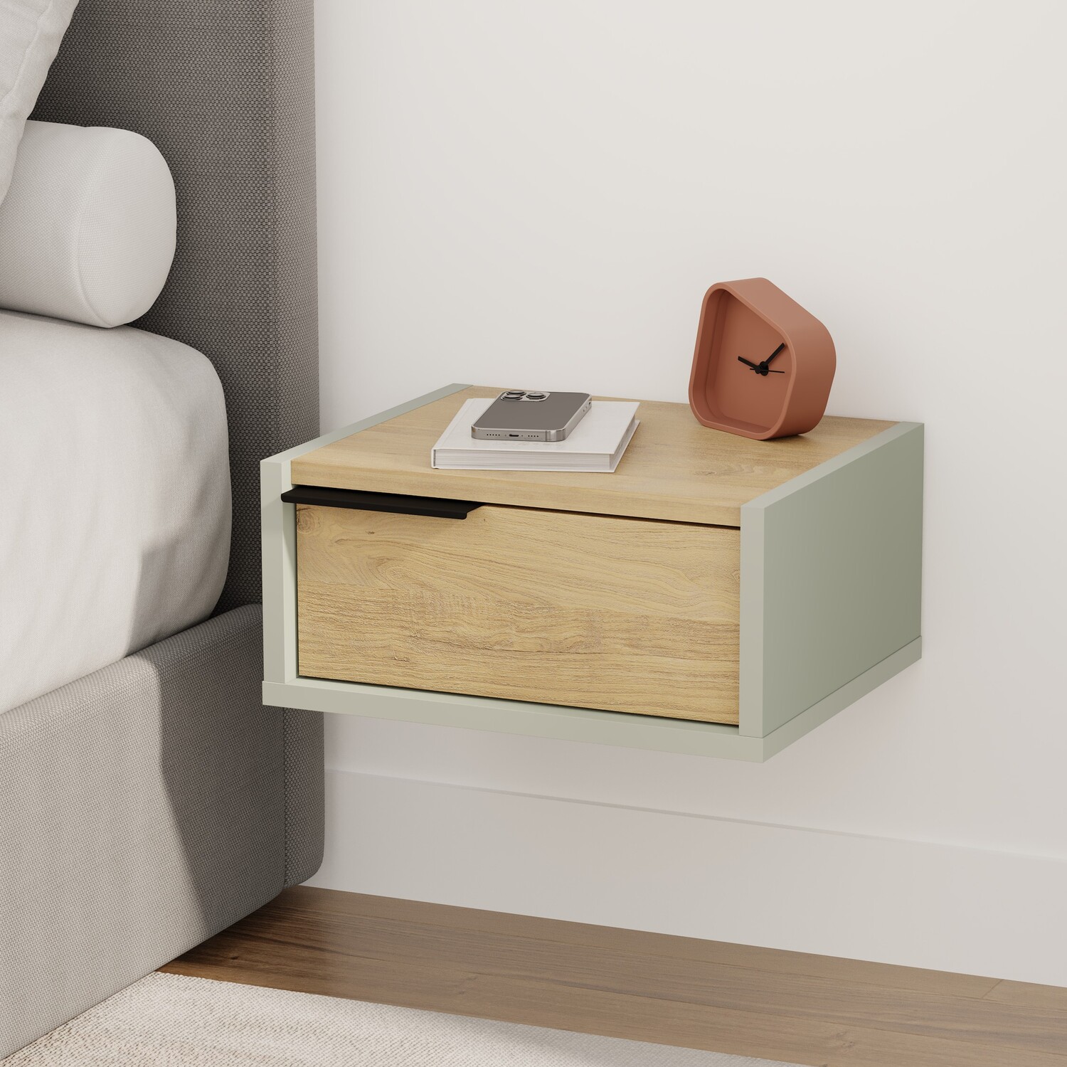 Decortie Floating Bedside Table With Drawer Wall Nightstand Sandstone,Sonoma Oak - Ash Green, Oak