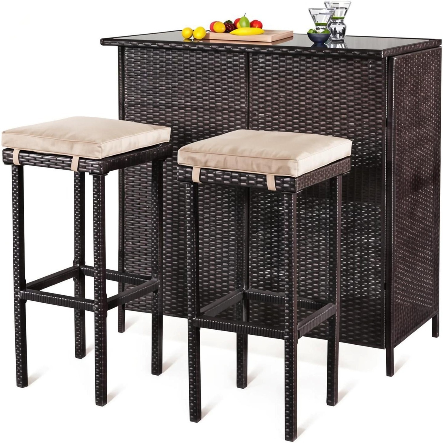 3 Pcs Garden Rattan Wicker Bar Table 2 Stools Bistro Furniture Set - Dark Brown