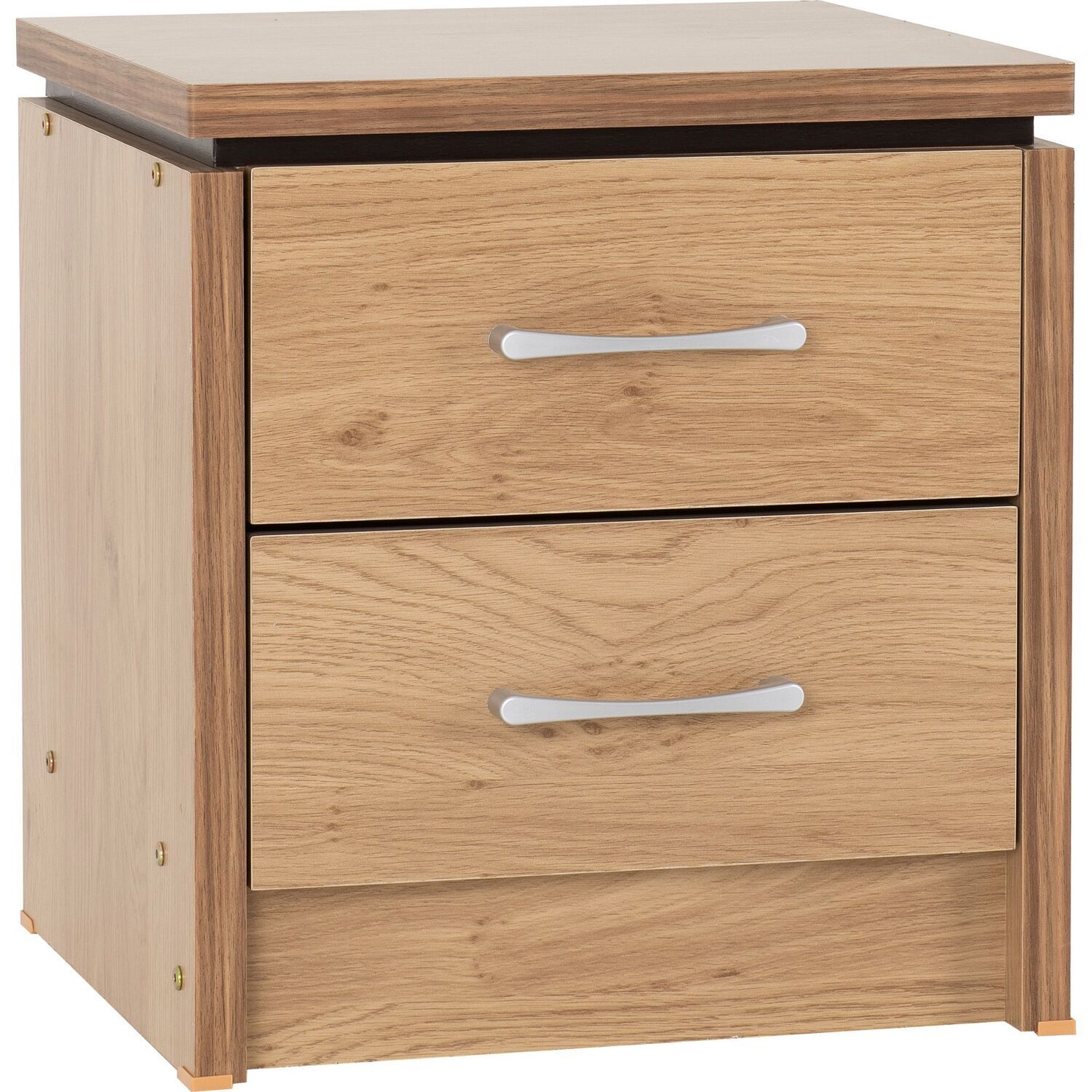 Charles 2 Drawer Bedside Chest Oak Effect Veneer with Walnut Trim - Oak Effect Veneer