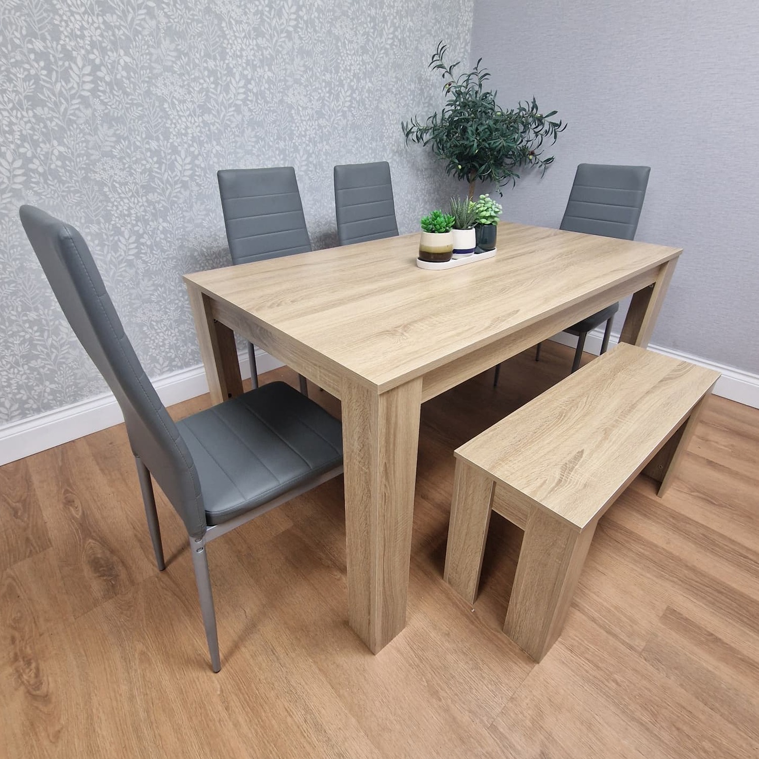 Dining Kitchen Table with 4 Grey Chairs and A Bench Dining Set - Oak Effect