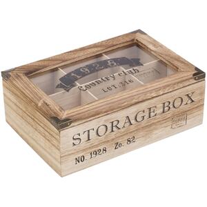 Wooden Tea Box 6 Section Compartments Glass Lid - Brown