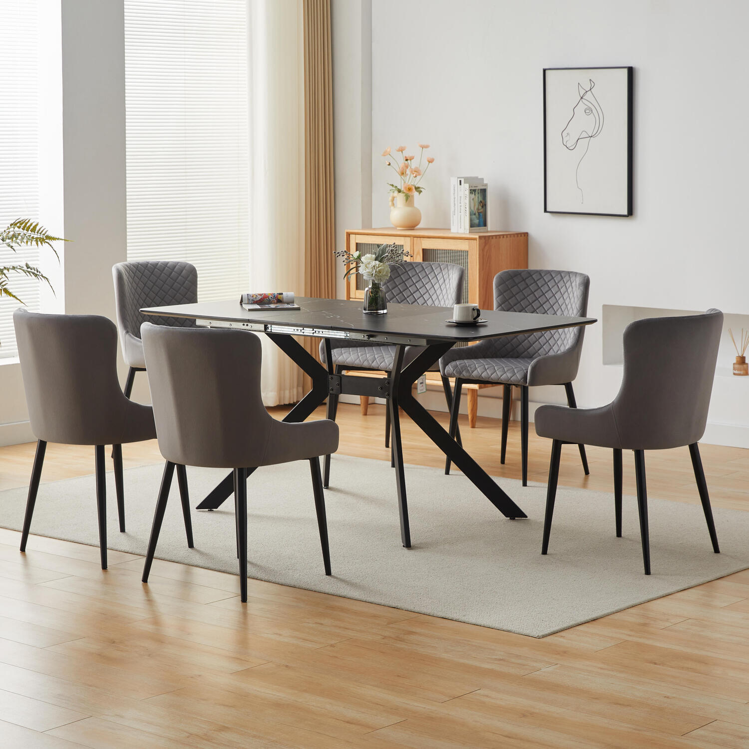 7 Piece Dining Set With Black Marble Effect Table Top - Black