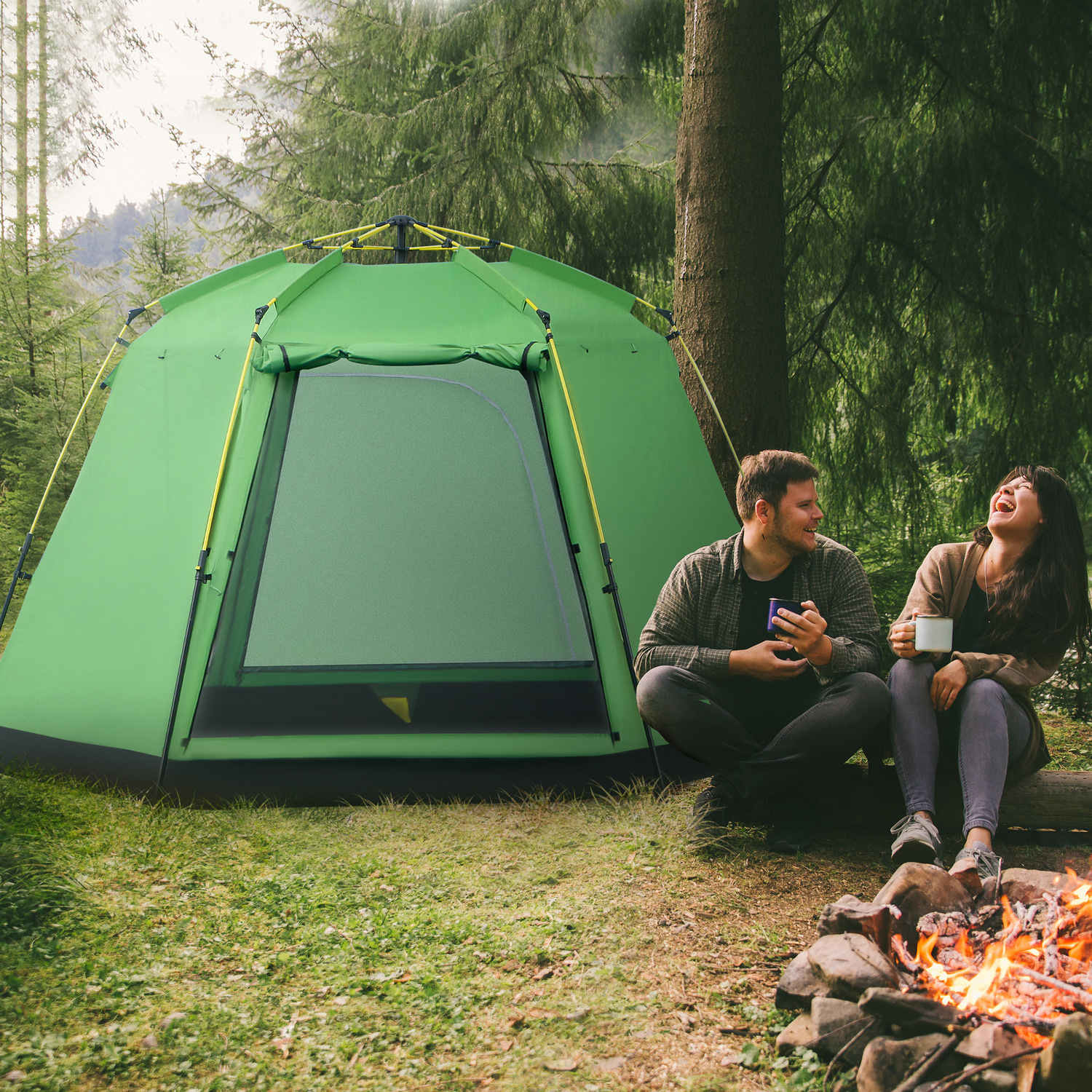 Outsunny 6 Person Camping Tent Pop-up - Green, Black