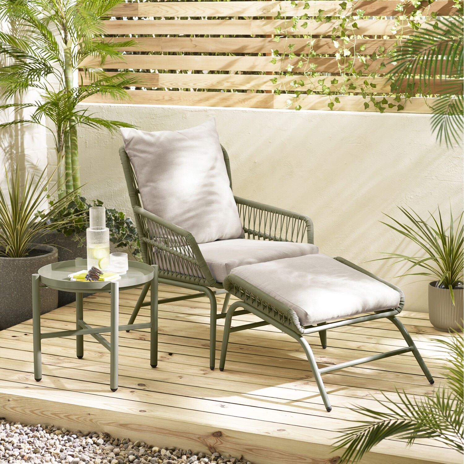 Lyon Outdoor Chair Footstool And Table Set - Metal And Rattan - Green