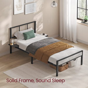 Single Metal Bed Frame with Headboard, Bedside Shelves