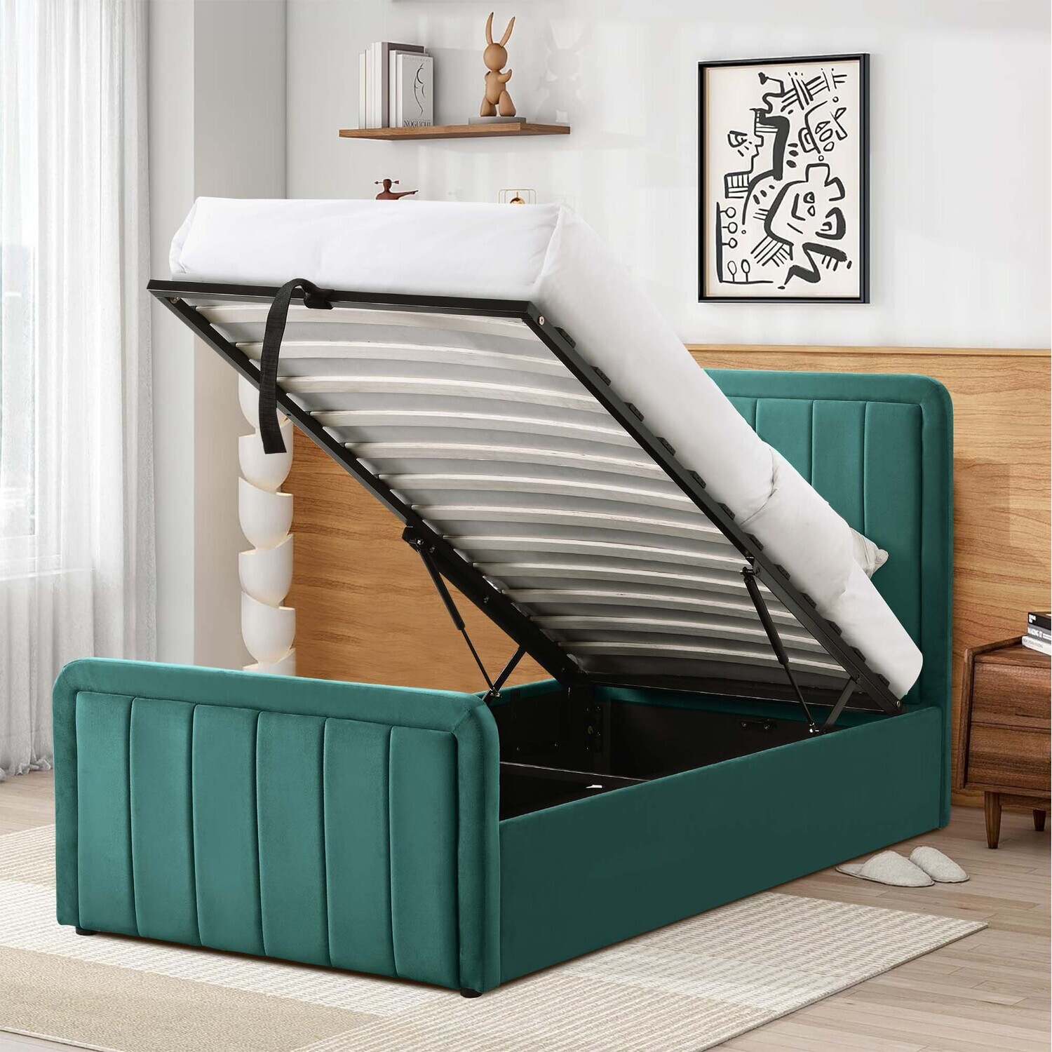 Brushed Velvet Ottoman Bed Frame - Green Single