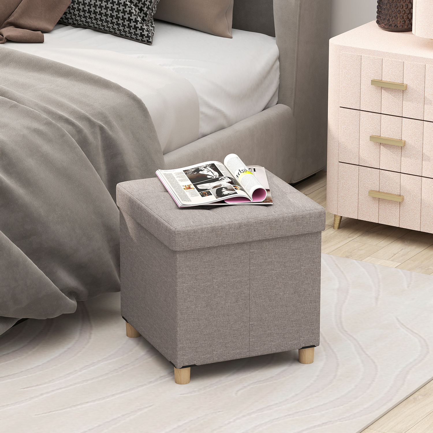 Linen Fabric Footstool Ottoman With Storage - Grey