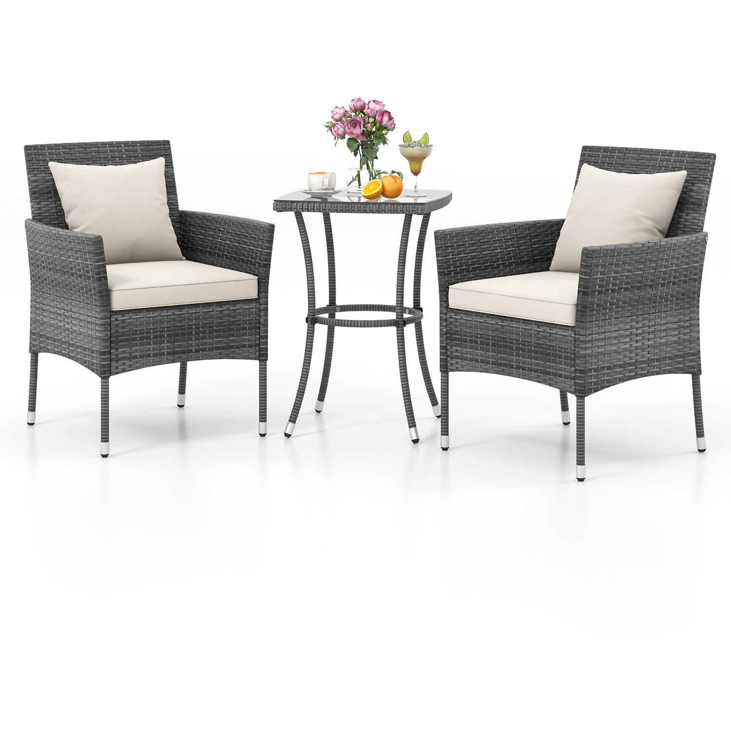 3-Piece PE Wicker Conversation Bistro Set - White