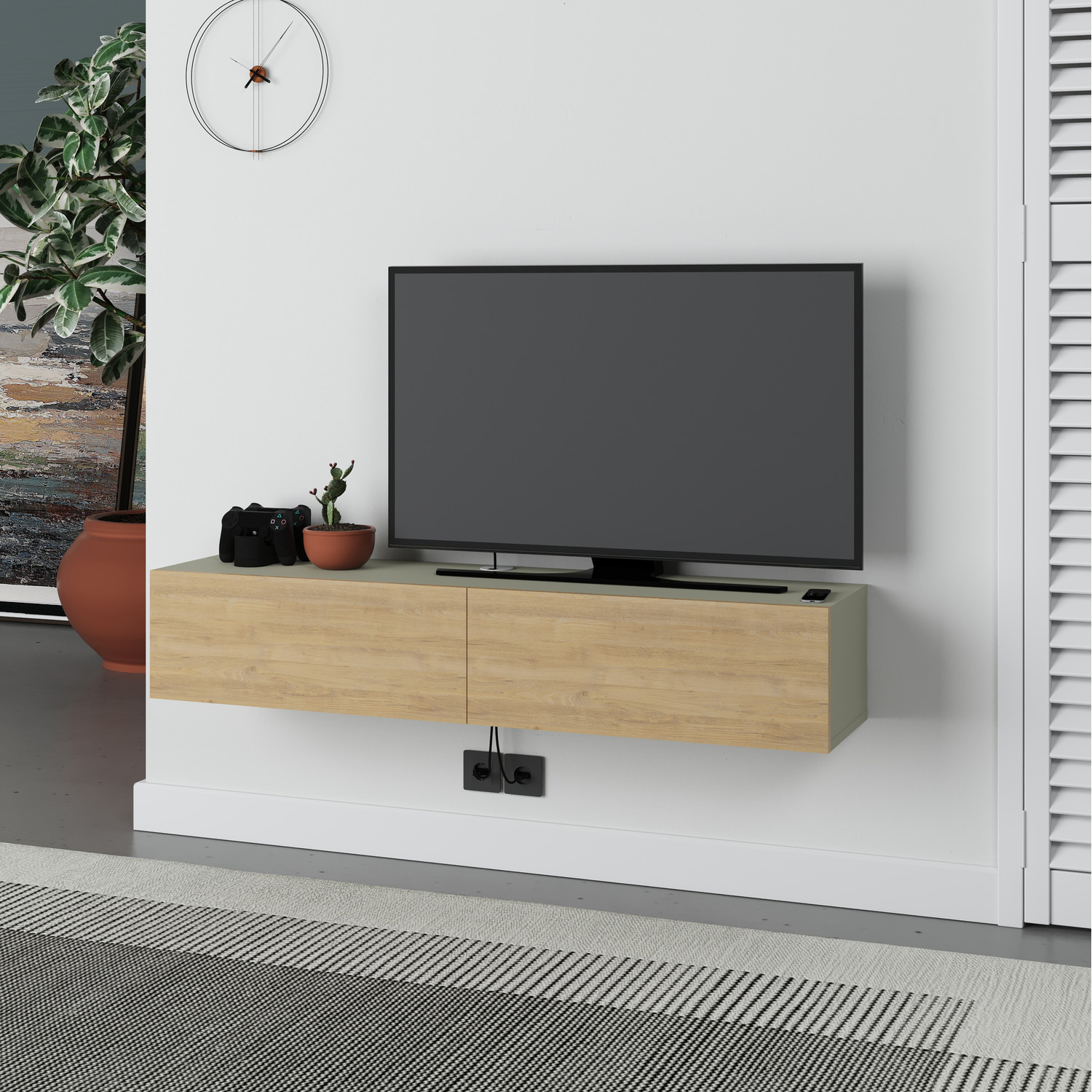Decortie Francy Modern Tv Unit Wall Mounted 135 - Ash Green - Oak / Chipboard