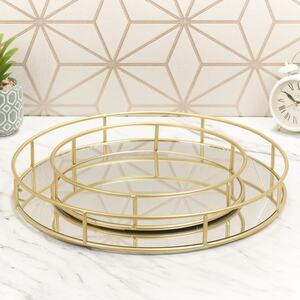 2-PC Metal Gold Round Mirror Tray