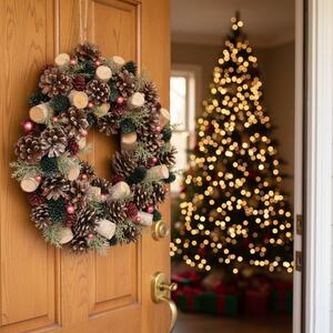 34cm Christmas Pinecone Wreath w/ Jute Hanger Decoration - Red