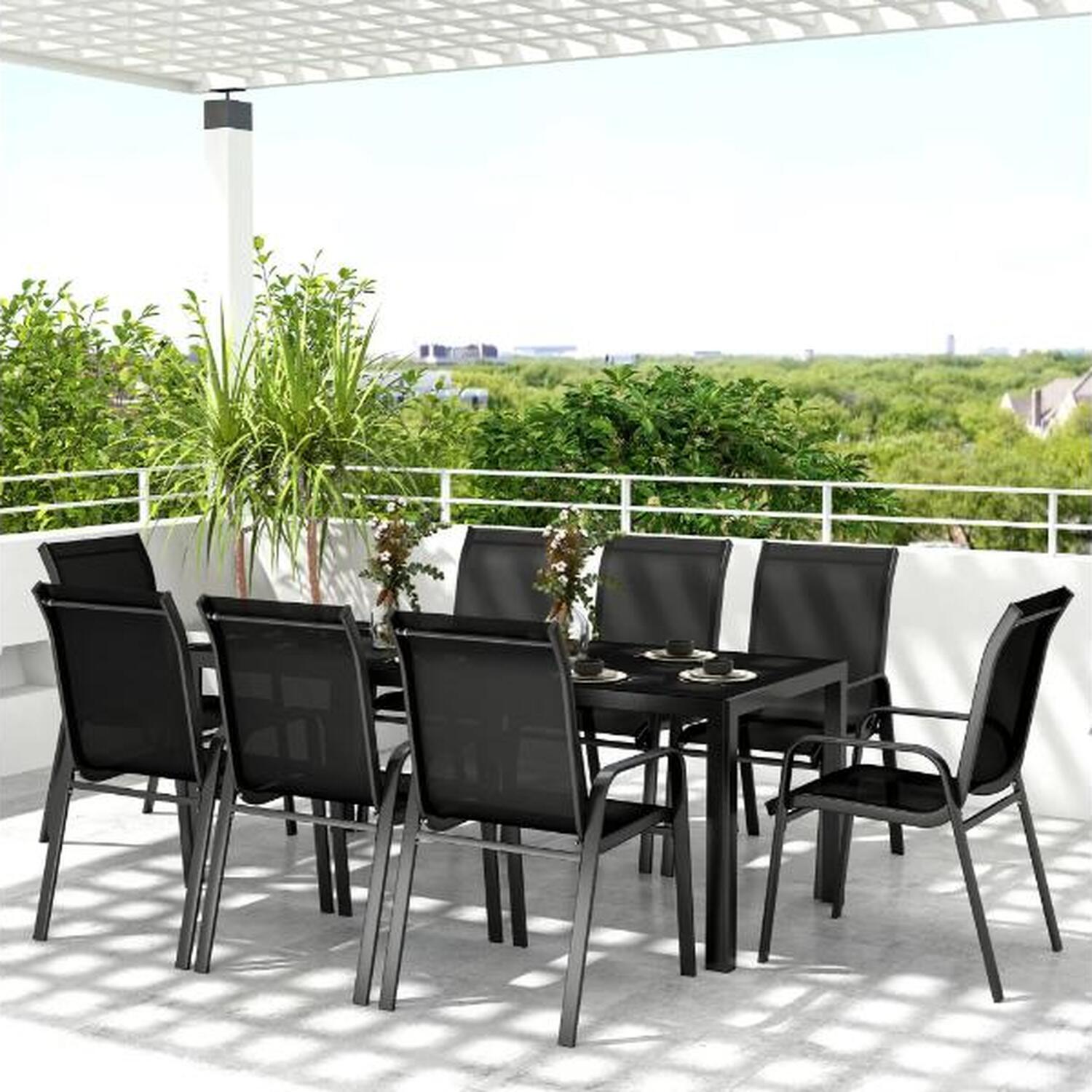8 Seater Garden Dining Set With Stacking Chairs - Black