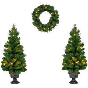 3-Piece Christmas Decoration Set: 2 Trees, 1 Wreath with LED Bulbs - Green