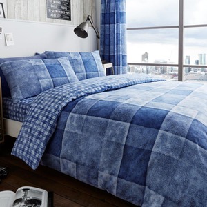 Printed Polycotton Denim Check Duvet Cover With Pillowcases