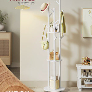 Freestanding Coat Rack Stand, Coat Tree with 11 Hooks, 3 Shelves