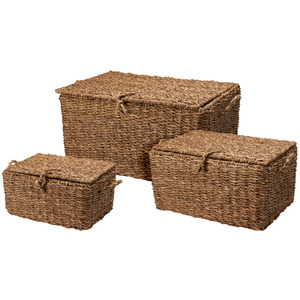 JSH Set of 3 Natural Woven Seagrass Rustic Storage Baskets - Beige