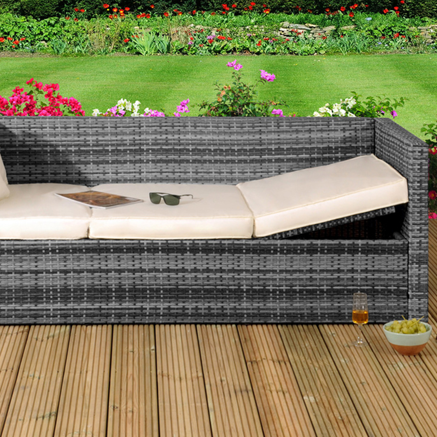 Rattan Sun Lounger Storage Sofa - Black
