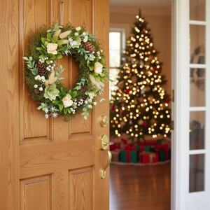 Large Artificial Festive Door Wreath 34cm Wall Decoration - Pink & Green Twigs