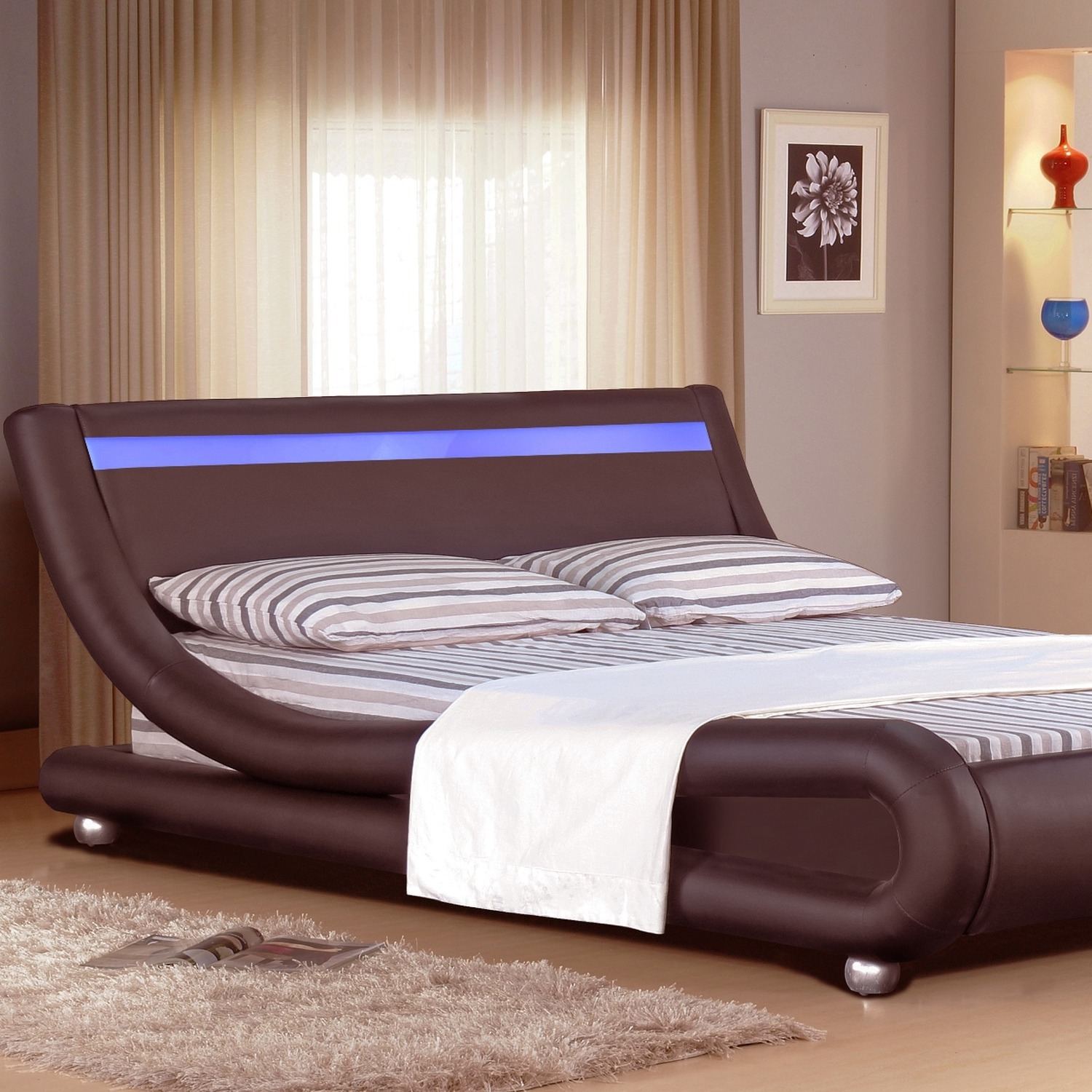 Italian Designer Faux Leather LED Bed Frame In Chocolate - Brown / King