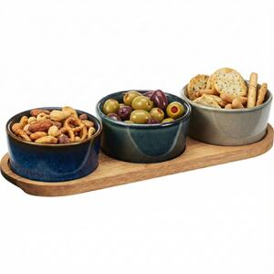 4 Piece Ceramic Dip Bowl Set Acacia Tray - Multicoloured