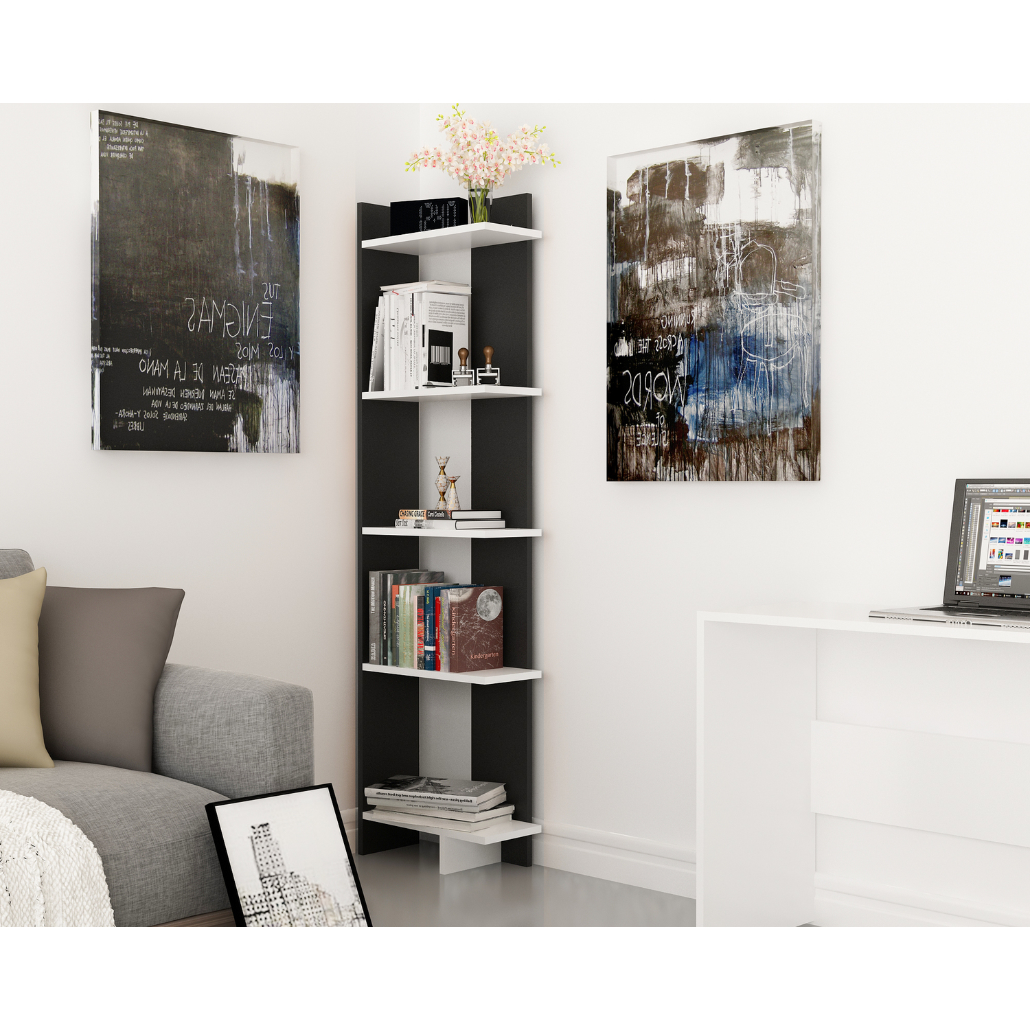 Alica 5-Tier Corner Bookshelf - Black and White
