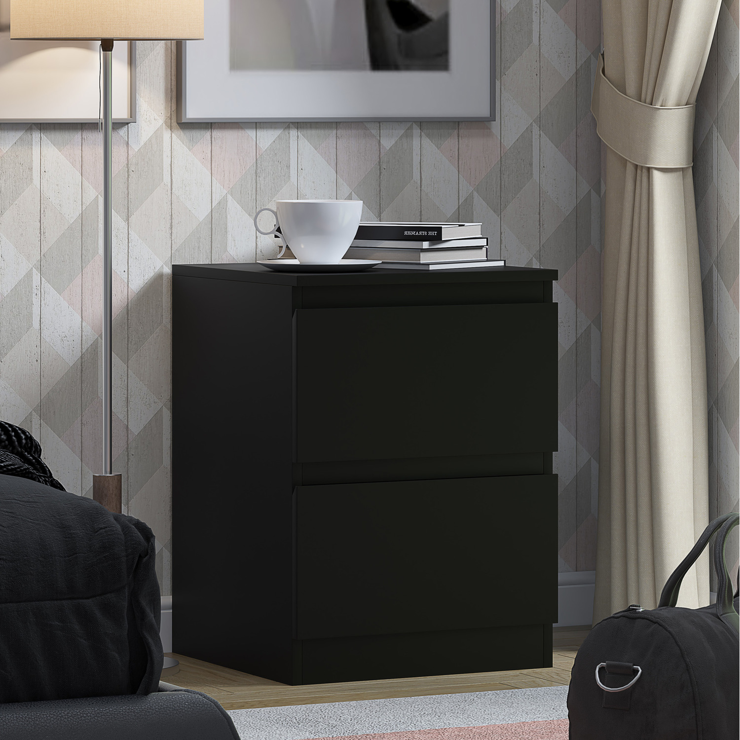 Fwstyle Large 2 Drawer Deep Nightstand Bedside Scratch Resistance Matt Finish - Black