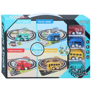 Kids Puzzle Track Car Play Set with 4 Wind Up Cars