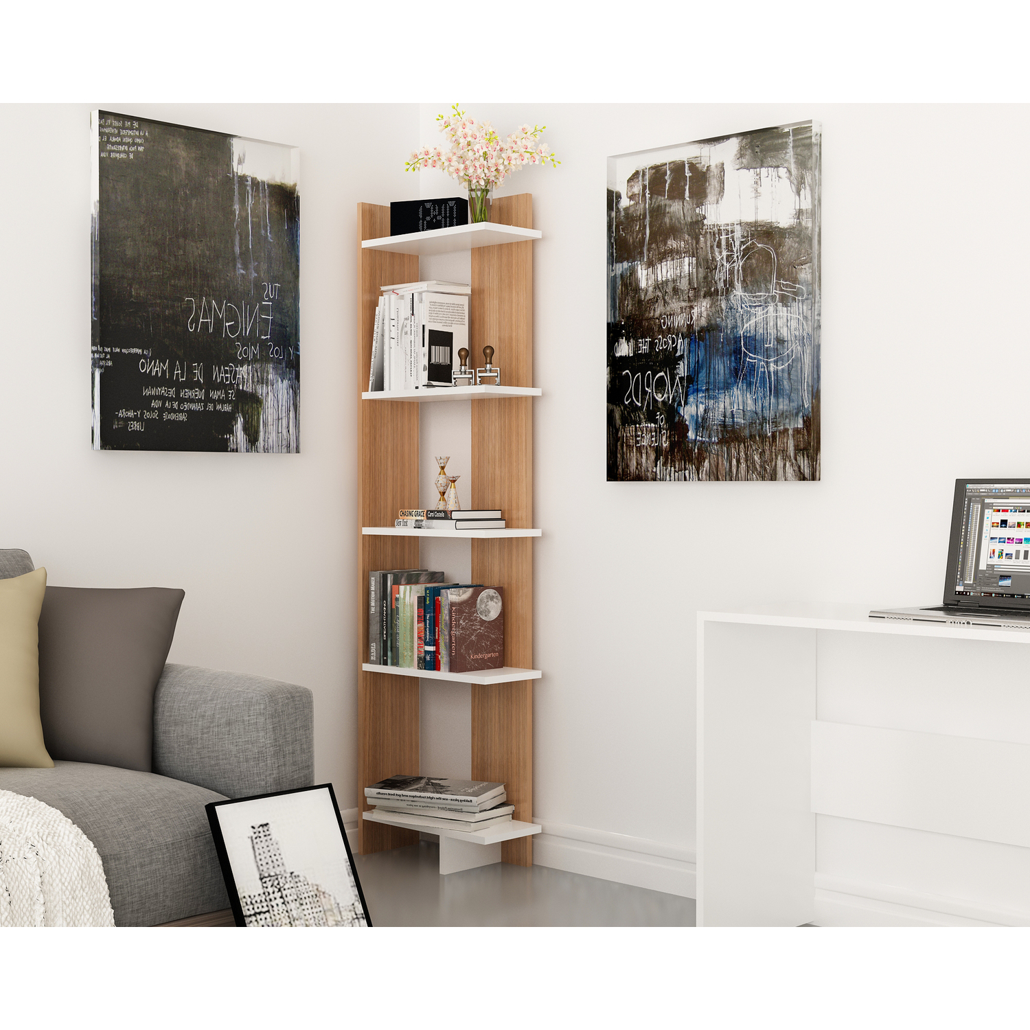 Alica 5-Tier Corner Bookshelf - White and Teak