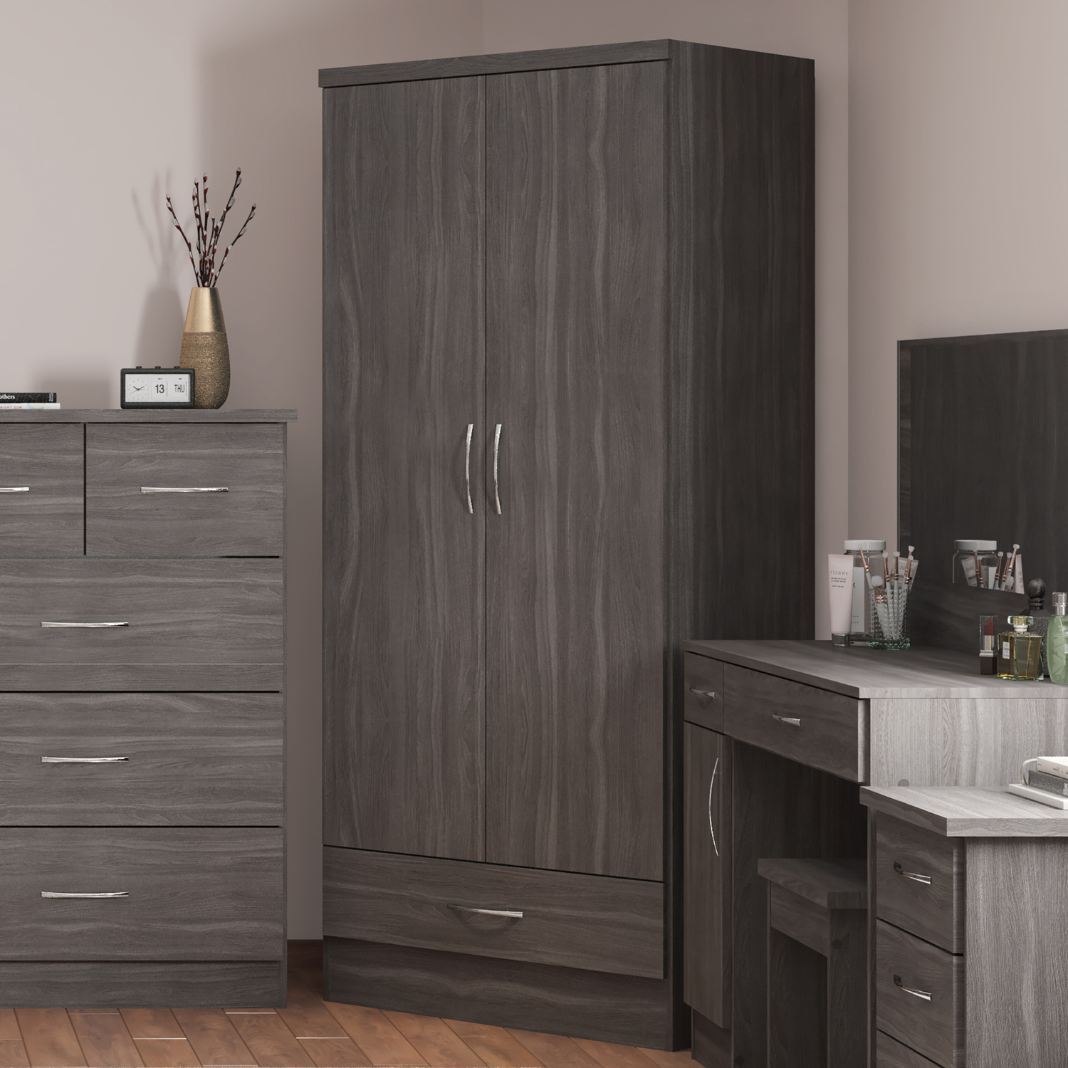 Nevada 2 Door 1 Drawer Wardrobe  - Black Grain