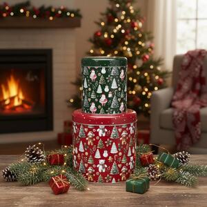 2 Round Christmas Nesting Storage Tins - Red - Set of 2