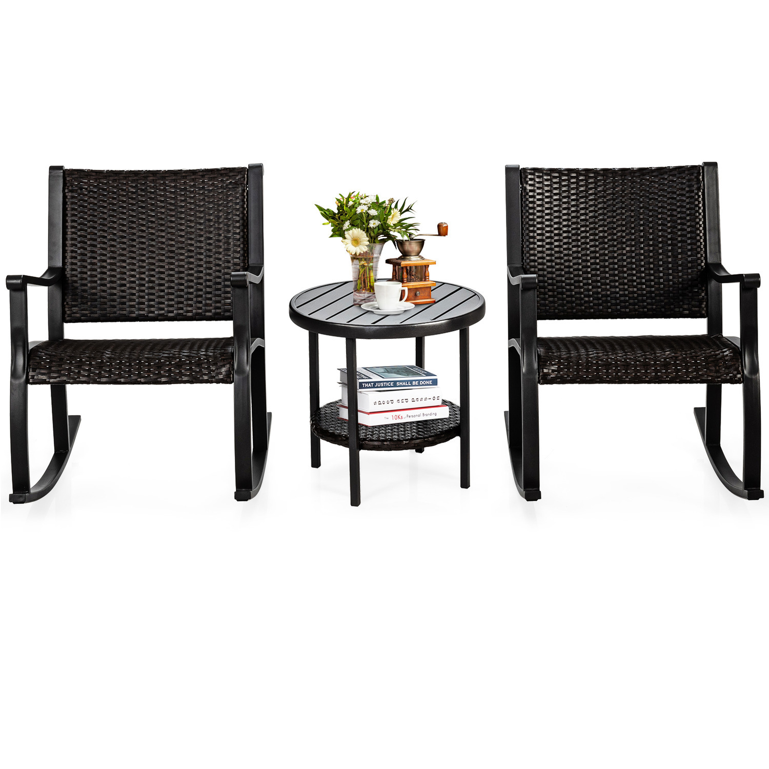 3 Piece Rocking Bistro Table Chair Set - Brown