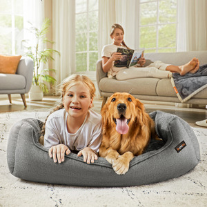 Dog Bed, Linen-Look Pet Bed, Dog Sofa Bed with Raised Edges