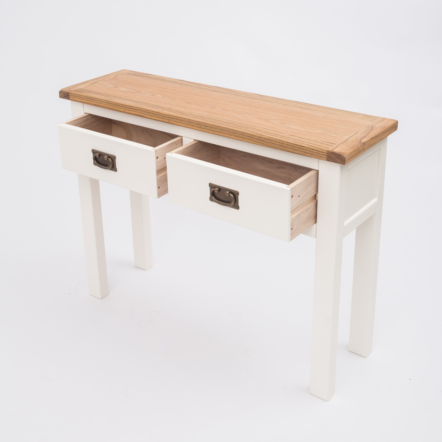 Lovere 2 Drawer Console Table - Satin Chrome Handles - Off White / Antique Brass Drop