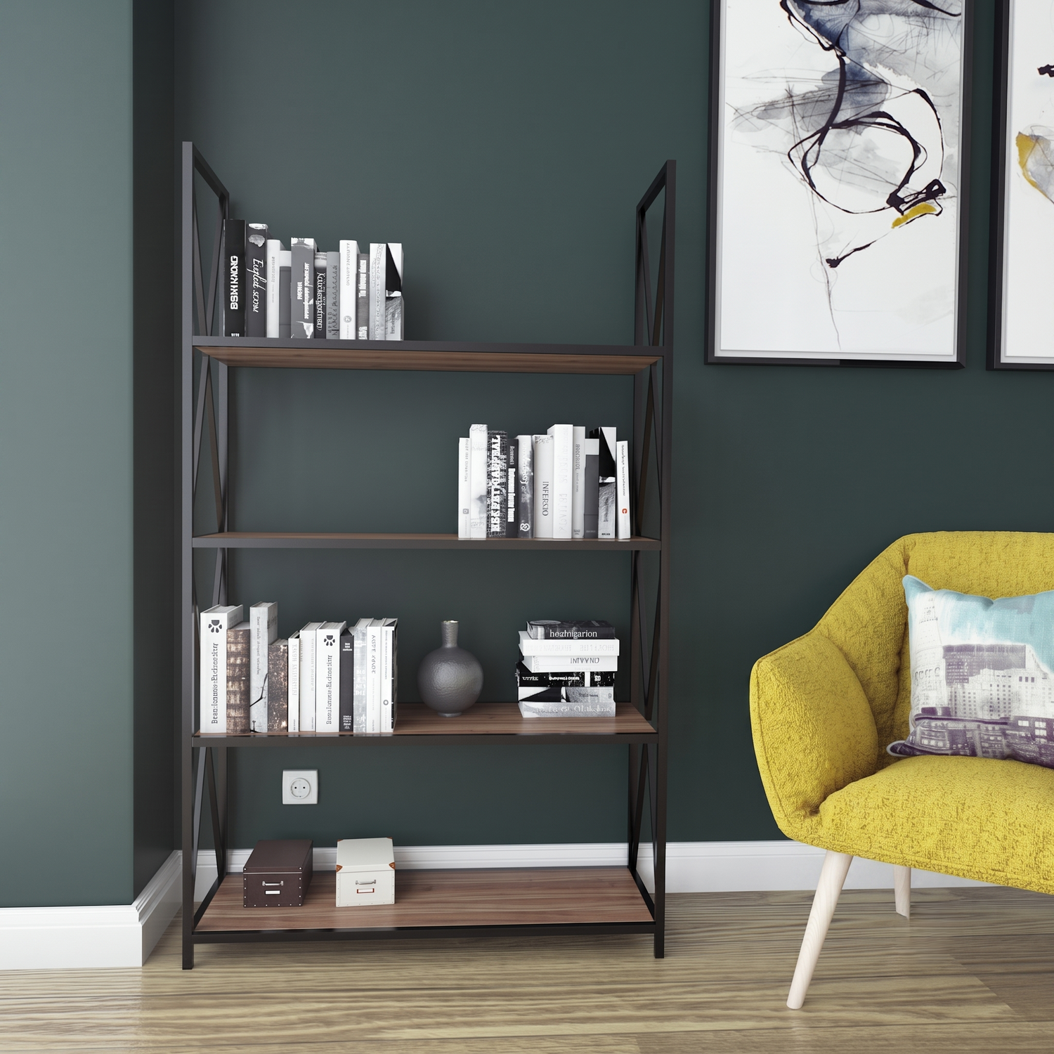 Decorotika Xena Industrial Bookcase Shelving Unit - Walnut And Black - Walnut And Black