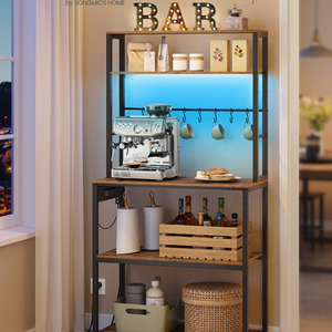 VASAGLE Coffee Bar with LED Lights, Kitchen Bakers Rack with Power Outlet