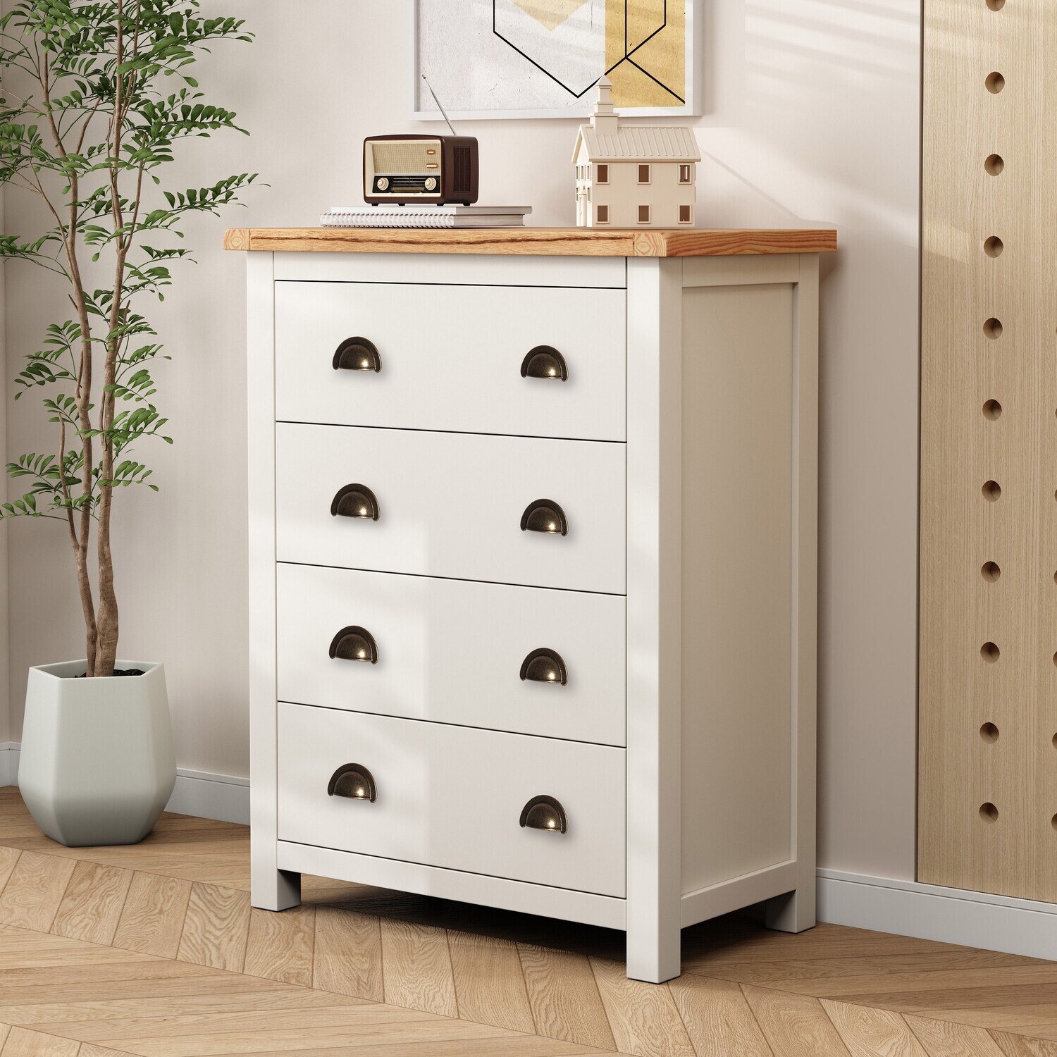 Lovere 4 Drawer Chest Petite - White / Antique Brass Cup / MDF, Pine, Plywood