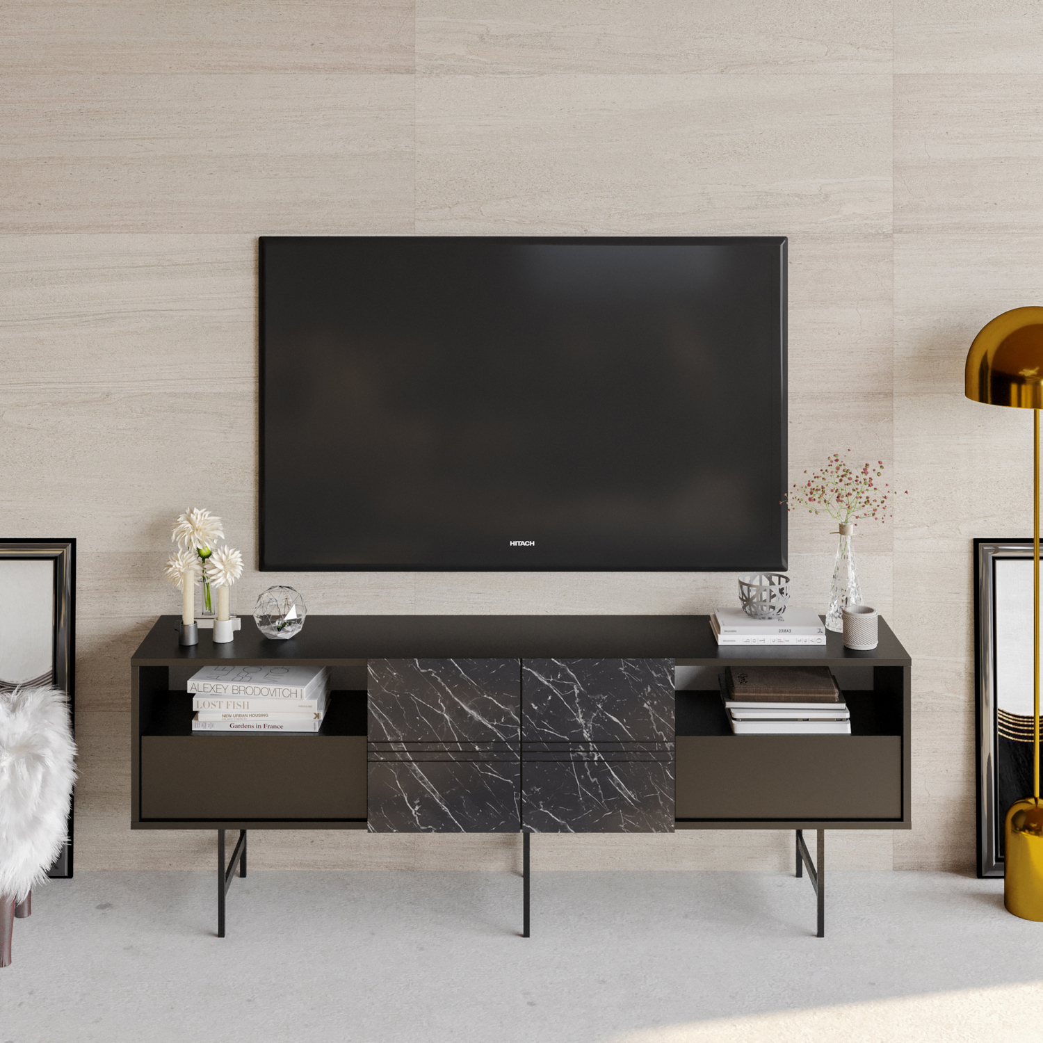 Derin  TV Unit TVs up to 81" - Black Marble Effect and Black